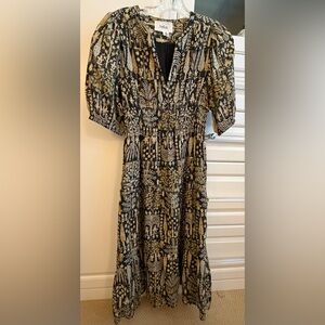 ba&sh Black and Gold Patterned Midi Dress